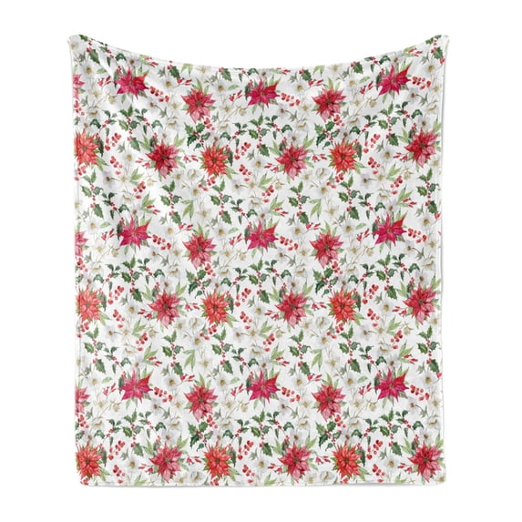 Watercolor Soft Flannel Fleece Blanket, Fresh Poinsettia Flowers and Rowan Berry Branches Christmas Garden, Cozy Plush for Indoor and Outdoor Use, 60" x 80", Vermilion Green Magenta, by Ambesonne