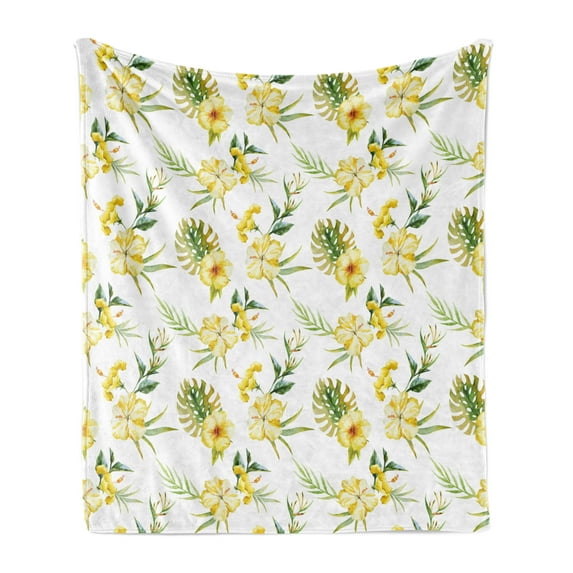 Watercolor Soft Flannel Fleece Blanket, Hibiscus Flora Pattern Hawaii Plants with Leaves Jungle Summer Foliage, Cozy Plush for Indoor and Outdoor Use, 50" x 60", Yellow Green White, by Ambesonne