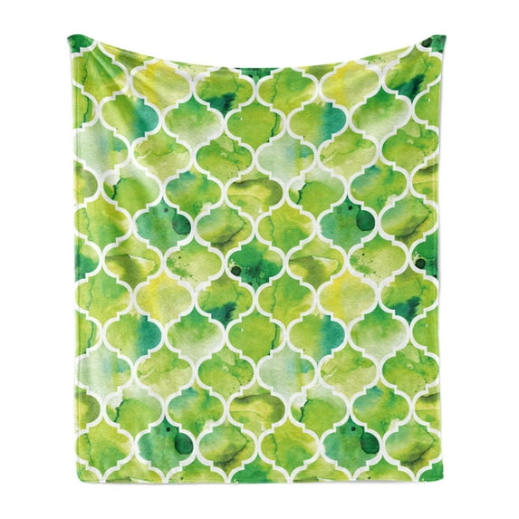 Watercolor Soft Flannel Fleece Blanket, Moroccan Trellis Pattern in Green Tones Watercolor Vintage Artwork, Cozy Plush for Indoor and Outdoor Use, 70" x 90", Lime Green Yellow White, by Ambesonne