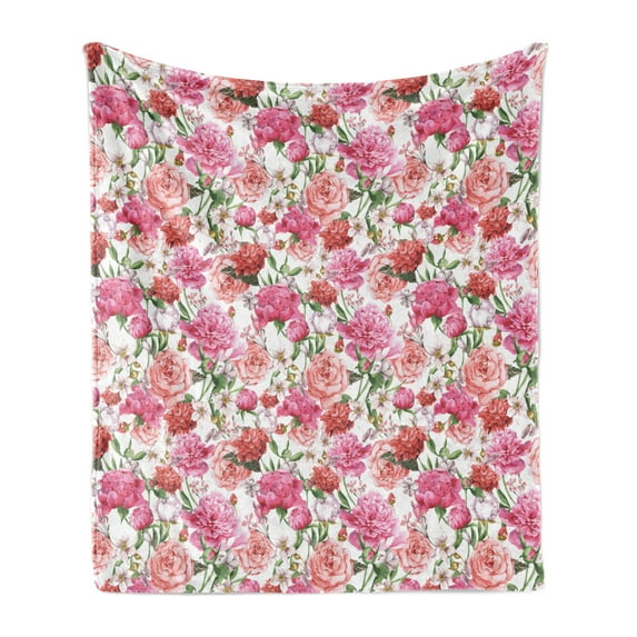 Watercolor Soft Flannel Fleece Blanket, Pink Peonies and Roses Green Leaves Exotic Gentle Bouquet Bridal Wedding Theme, Cozy Plush for Indoor and Outdoor Use, 50" x 70", Multicolor, by Ambesonne