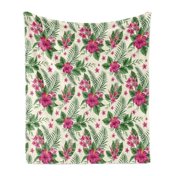 Watercolor Soft Flannel Fleece Blanket, Plumeria and Hibiscus Flora Tropical Island Nature Aloha Hawaii Jungle, Cozy Plush for Indoor and Outdoor Use, 50" x 60", Magenta Cream Green, by Ambesonne