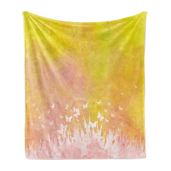 Watercolor Soft Flannel Fleece Blanket, Spring Meadow with Silhouette of Flower Grass and Butterfly Artwork, Cozy Plush for Indoor and Outdoor Use, 50" x 60", Earth Yellow Pale Pink, by Ambesonne