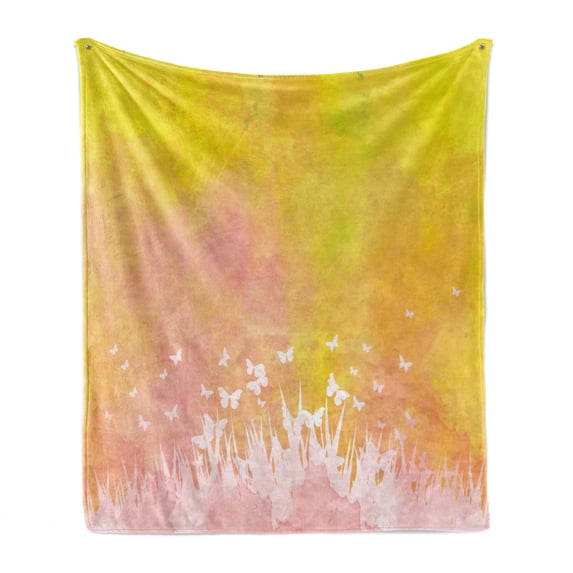 Watercolor Soft Flannel Fleece Blanket, Spring Meadow with Silhouette of Flower Grass and Butterfly Artwork, Cozy Plush for Indoor and Outdoor Use, 50" x 70", Earth Yellow Pale Pink, by Ambesonne