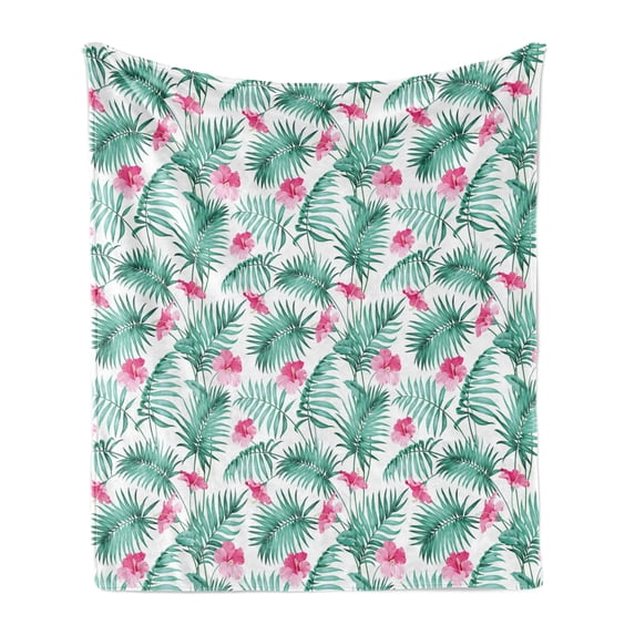 Watercolor Soft Flannel Fleece Blanket, Tropical Ferns with Flowers Exotic Hawaii Floral Arrangement Blossoming Nature, Cozy Plush for Indoor and Outdoor Use, 50" x 70", Seafoam Pink, by Ambesonne