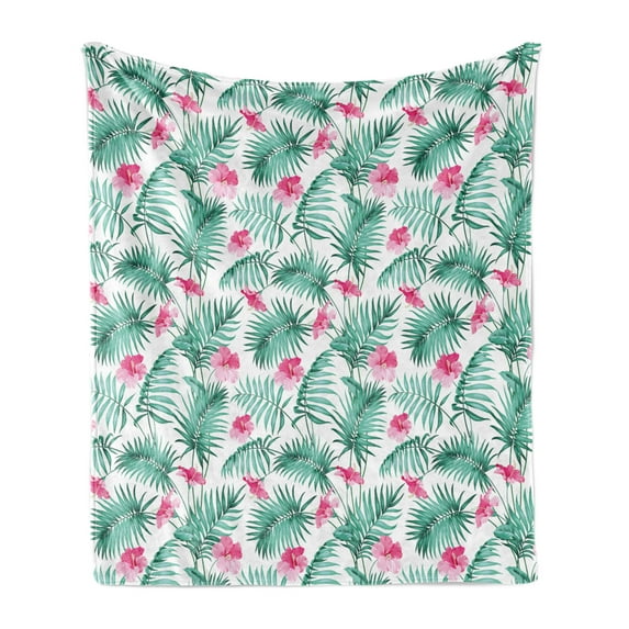 Watercolor Soft Flannel Fleece Blanket, Tropical Ferns with Flowers Exotic Hawaii Floral Arrangement Blossoming Nature, Cozy Plush for Indoor and Outdoor Use, 70" x 90", Seafoam Pink, by Ambesonne