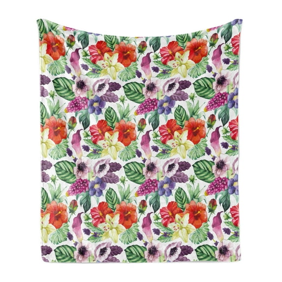 Watercolor Soft Flannel Fleece Blanket, Tropical Flower Pattern Various Tropical Plants Calla Chinese Hibiscus Anemone, Cozy Plush for Indoor and Outdoor Use, 50" x 70", Multicolor, by Ambesonne