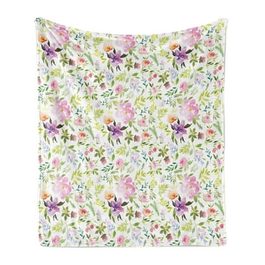 Watercolor Soft Flannel Fleece Blanket, Various Flowers Flourishing Spring Meadow Gentle Blooms Feminine Design Romantic, Cozy Plush for Indoor and Outdoor Use, 50" x 70", Multicolor, by Ambesonne