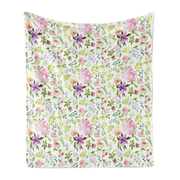 Watercolor Soft Flannel Fleece Blanket, Various Flowers Flourishing Spring Meadow Gentle Blooms Feminine Design Romantic, Cozy Plush for Indoor and Outdoor Use, 70" x 90", Multicolor, by Ambesonne