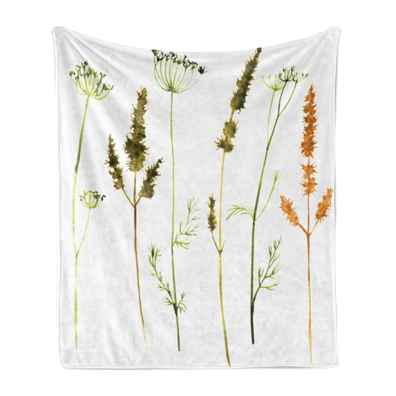 Watercolor Soft Flannel Fleece Blanket, Wild Flowers Herbs and Twigs Wilderness Untamed Plants Ecological Art, Cozy Plush for Indoor and Outdoor Use, 70" x 90", Vermilion Dark Green, by Ambesonne
