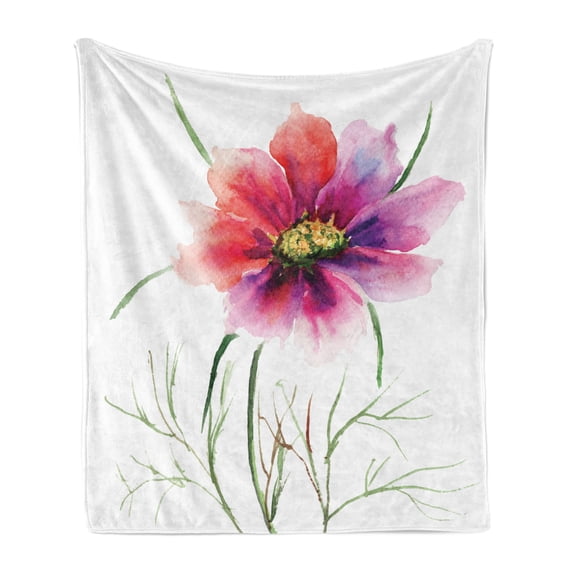 Watercolor Soft Flannel Fleece Throw Blanket, 2 Colored Flower Blossom Nature Spring Revival of Life, Cozy Plush for Indoor and Outdoor Use, 50" x 70", Fuchsia Red Dark Green, by Ambesonne