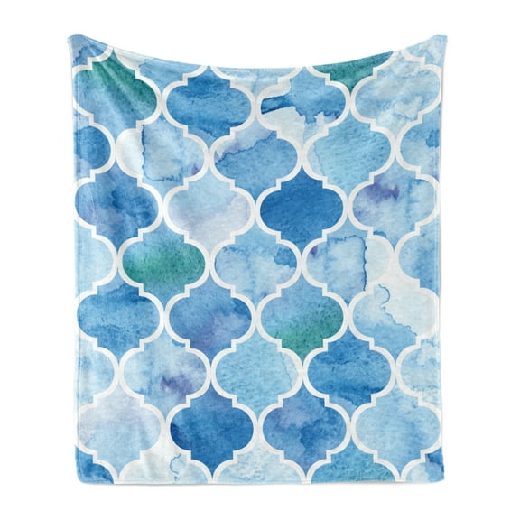 Watercolor Soft Flannel Fleece Throw Blanket, Abstract Moroccan Trellis Geometric Pattern Curves Persian Mosaic Design, Cozy Plush for Indoor and Outdoor Use, 50" x 60", Blue Baby Blue, by Ambesonne