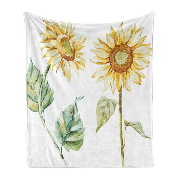 Watercolor Soft Flannel Fleece Throw Blanket, Alluring Sunflowers Summer Inspired Design Agriculture, Cozy Plush for Indoor and Outdoor Use, 60" x 80", Yellow Green Yellow, by Ambesonne