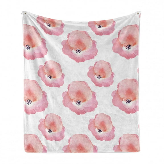 Watercolor Soft Flannel Fleece Throw Blanket, Artwork of Repetitive Flower Silhouettes Paint Blots, Cozy Plush for Indoor and Outdoor Use, 50" x 60", Pink Coral, by Ambesonne