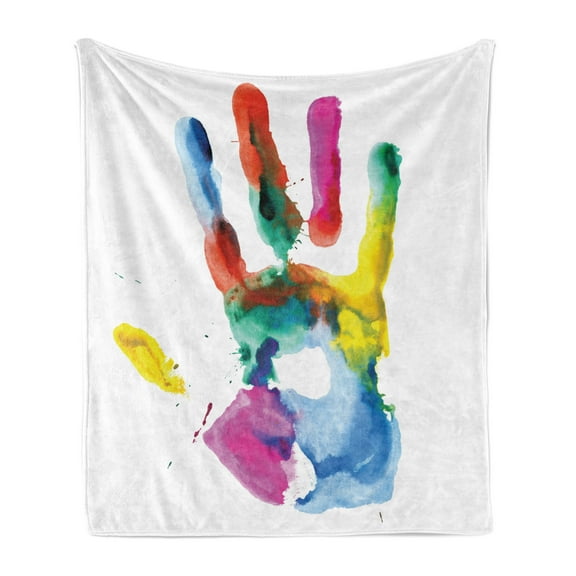 Watercolor Soft Flannel Fleece Throw Blanket, Close up Colored Human Hand Print on the White Background Pam Artisan Picture, Cozy Plush for Indoor and Outdoor Use, 70" x 90", Multicolor, by Ambesonne