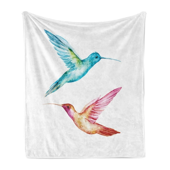 Watercolor Soft Flannel Fleece Throw Blanket, Colorful Aquerelle Hummingbirds with Brush Marks Effect Avian Animal Design, Cozy Plush for Indoor and Outdoor Use, 60" x 80", Multicolor, by Ambesonne