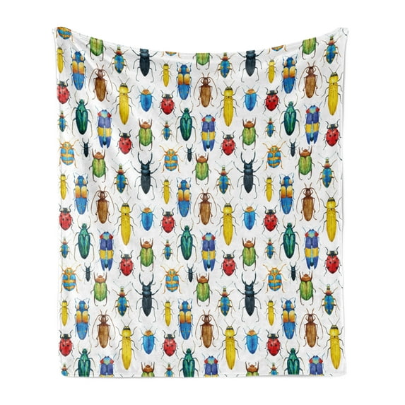 Watercolor Soft Flannel Fleece Throw Blanket, Colorful Insects Brush Strokes Effect Various Kinds of Bugs Illustration, Cozy Plush for Indoor and Outdoor Use, 50" x 60", Multicolor, by Ambesonne