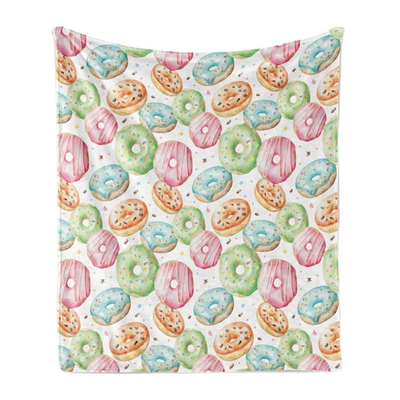 Watercolor Soft Flannel Fleece Throw Blanket, Delicious Donuts Pattern Various Flavors Sprinkles Stars Background, Cozy Plush for Indoor and Outdoor Use, 50" x 60", Multicolor, by Ambesonne