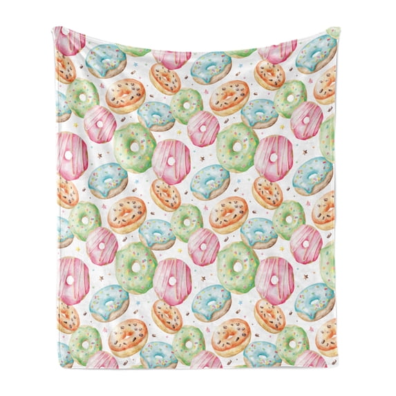 Watercolor Soft Flannel Fleece Throw Blanket, Delicious Donuts Pattern Various Flavors Sprinkles Stars Background, Cozy Plush for Indoor and Outdoor Use, 50" x 70", Multicolor, by Ambesonne