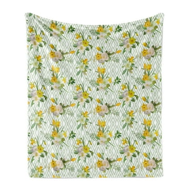 Watercolor Soft Flannel Fleece Throw Blanket, Diamond Pattern Blooming Floral Arrangement Petals and Leaves, Cozy Plush for Indoor and Outdoor Use, 50" x 70", Pale Green Yellow White, by Ambesonne