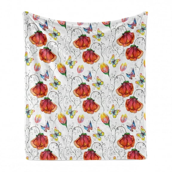 Watercolor Soft Flannel Fleece Throw Blanket, Doodle Drawing Style Natural Scene with Butterflies and Flowers Swirl Stripes, Cozy Plush for Indoor and Outdoor Use, 50" x 70", Multicolor, by Ambesonne