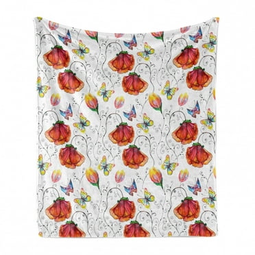 Watercolor Soft Flannel Fleece Throw Blanket, Doodle Drawing Style Natural Scene with Butterflies and Flowers Swirl Stripes, Cozy Plush for Indoor and Outdoor Use, 70" x 90", Multicolor, by Ambesonne