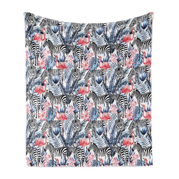 Watercolor Soft Flannel Fleece Throw Blanket, Exotic Flamingo Zebras and Flowers Tropic Animals Abstract Illustration, Cozy Plush for Indoor and Outdoor Use, 50" x 60", Blue Black Coral, by Ambesonne