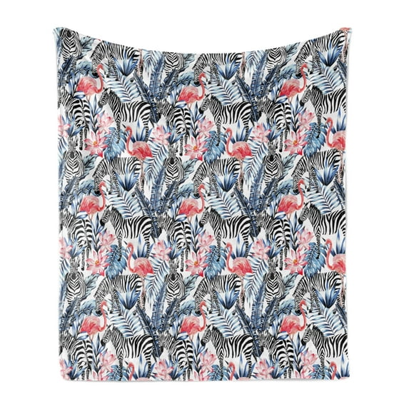 Watercolor Soft Flannel Fleece Throw Blanket, Exotic Flamingo Zebras and Flowers Tropic Animals Abstract Illustration, Cozy Plush for Indoor and Outdoor Use, 50" x 60", Blue Black Coral, by Ambesonne