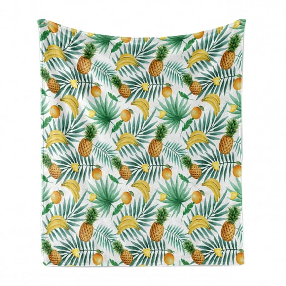 Watercolor Soft Flannel Fleece Throw Blanket, Exotic Fruits Pattern Pineapples Bananas Oranges Tropical Leaves, Cozy Plush for Indoor and Outdoor Use, 50" x 70", Green Yellow Pale Brown, by Ambesonne