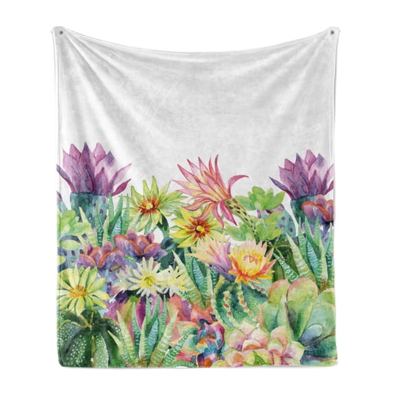 Watercolor Soft Flannel Fleece Throw Blanket, Fine Art Botanical Painting of Abstract Garden Flowers and Succulents, Cozy Plush for Indoor and Outdoor Use, 60" x 80", Multicolor, by Ambesonne