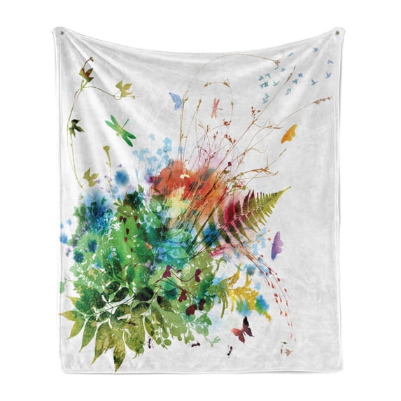 Watercolor Soft Flannel Fleece Throw Blanket, Floral Jungle Foliage Summer Design Butterfly Dragonfly Herbs Fresh Leafage, Cozy Plush for Indoor and Outdoor Use, 50" x 60", Multicolor, by Ambesonne