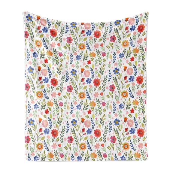 Watercolor Soft Flannel Fleece Throw Blanket, Floral Patterned Illustration Leaves and Wildflowers Abstract Botanical, Cozy Plush for Indoor and Outdoor Use, 50" x 70", Multicolor, by Ambesonne