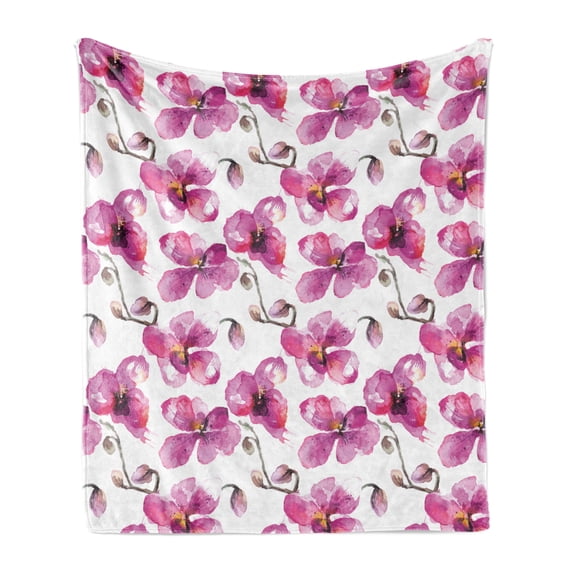 Watercolor Soft Flannel Fleece Throw Blanket, Flowering Orchid Branches Spring Time Feng Shui Inspired Bouquet, Cozy Plush for Indoor and Outdoor Use, 50" x 60", Pale Orange Fuchsia, by Ambesonne