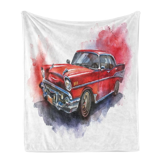 Watercolor Soft Flannel Fleece Throw Blanket, Hand Drawn Old Fashioned Car Antique Vehicle Retro Outdated Abstract Artwork, Cozy Plush for Indoor and Outdoor Use, 60" x 80", Red Dimgrey, by Ambesonne