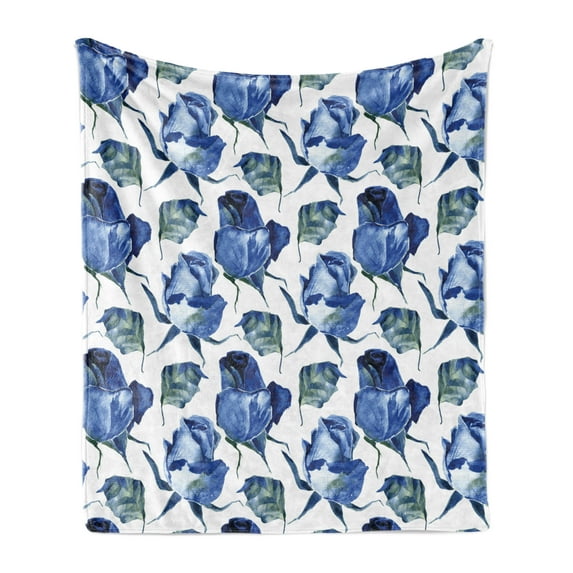 Watercolor Soft Flannel Fleece Throw Blanket, Hand Drawn Roses and Leaves Abstract Floral Blooming Nature Theme, Cozy Plush for Indoor and Outdoor Use, 50" x 60", Violet Blue Slate Blue, by Ambesonne