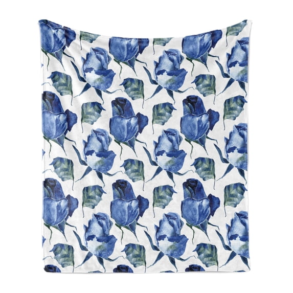 Watercolor Soft Flannel Fleece Throw Blanket, Hand Drawn Roses and Leaves Abstract Floral Blooming Nature Theme, Cozy Plush for Indoor and Outdoor Use, 70" x 90", Violet Blue Slate Blue, by Ambesonne