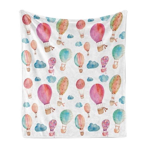 Watercolor Soft Flannel Fleece Throw Blanket, Hand Painted Style Floating Hot Air Balloons Clouds Print, Cozy Plush for Indoor and Outdoor Use, 50" x 60", Blue Pink Coral, by Ambesonne