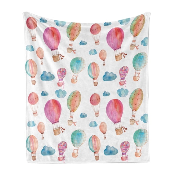Watercolor Soft Flannel Fleece Throw Blanket, Hand Painted Style Floating Hot Air Balloons Clouds Print, Cozy Plush for Indoor and Outdoor Use, 70" x 90", Blue Pink Coral, by Ambesonne