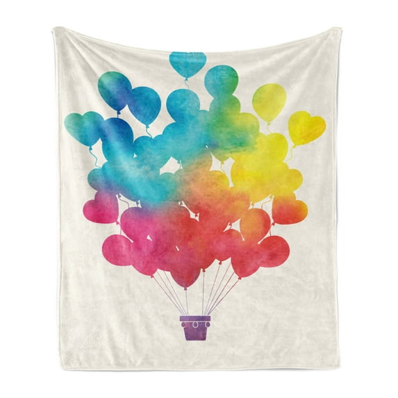 Watercolor Soft Flannel Fleece Throw Blanket, Hot Air Balloon Rainbow Colors Heart Shapes Cheerful Happy, Cozy Plush for Indoor and Outdoor Use, 50" x 60", Sky Blue Yellow Pink Red, by Ambesonne