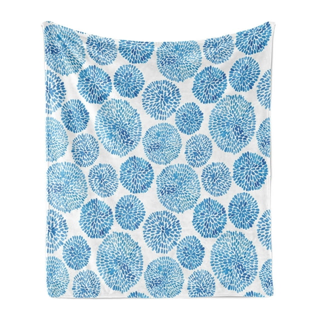Watercolor Soft Flannel Fleece Throw Blanket, Japanese Flower Circle Petal Pattern Spring Inspired Hand Drawn Eastern, Cozy Plush for Indoor and Outdoor Use, 50" x 60", Sky Blue, by Ambesonne