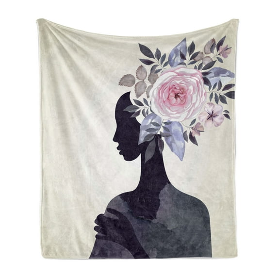 Watercolor Soft Flannel Fleece Throw Blanket, Lady with Flower Head Spring Rose Branches Feminine Woman Design, Cozy Plush for Indoor and Outdoor Use, 60" x 80", Dark Purple Pink Beige, by Ambesonne
