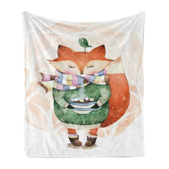Watercolor Soft Flannel Fleece Throw Blanket, Little Fox Wants to Drink Coffee with Its Bird Friend, Cozy Plush for Indoor and Outdoor Use, 70" x 90", Jade Green Pale Pink, by Ambesonne