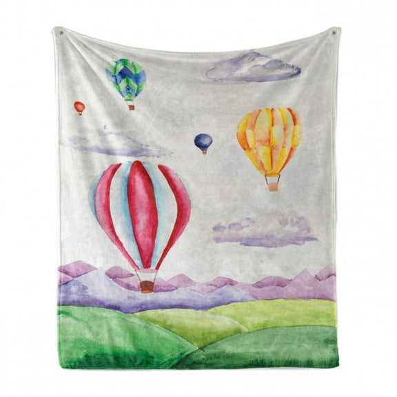 Watercolor Soft Flannel Fleece Throw Blanket, Painting of Hot Air Balloons Floating in the Sky over a Meadow and Mountains, Cozy Plush for Indoor and Outdoor Use, 50" x 60", Multicolor, by Ambesonne