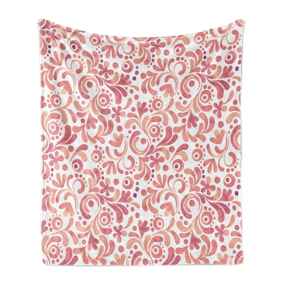 Watercolor Soft Flannel Fleece Throw Blanket, Pastel Tones Swirling Blossoming Petals and Leaves, Cozy Plush for Indoor and Outdoor Use, 50" x 70", Coral Peach, by Ambesonne