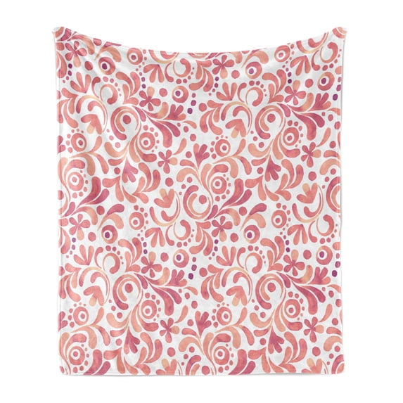Watercolor Soft Flannel Fleece Throw Blanket, Pastel Tones Swirling Blossoming Petals and Leaves, Cozy Plush for Indoor and Outdoor Use, 70" x 90", Coral Peach, by Ambesonne