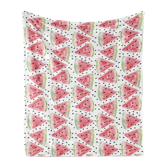 Watercolor Soft Flannel Fleece Throw Blanket, Pattern of Juicy Pieces Watermelon with Tropical Summer, Cozy Plush for Indoor and Outdoor Use, 60" x 80", Coral Pale Green Black, by Ambesonne