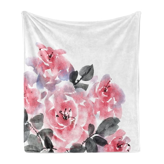 Watercolor Soft Flannel Fleece Throw Blanket, Roses in Abstract Pastel Design, Cozy Plush for Indoor and Outdoor Use, 50" x 60", Pink Grey, by Ambesonne