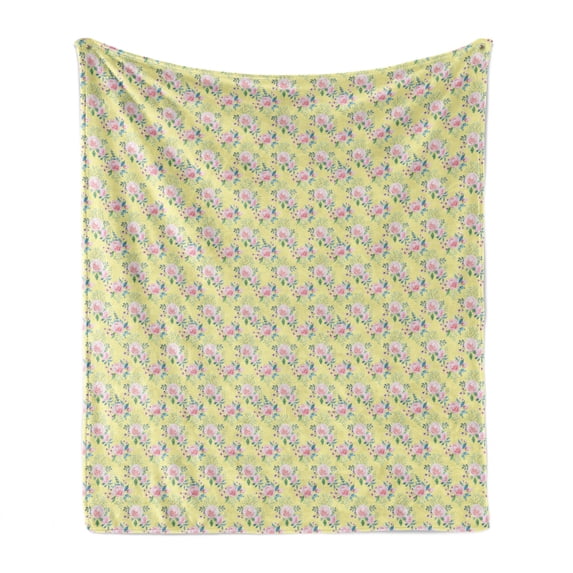 Watercolor Soft Flannel Fleece Throw Blanket, Spring Theme Hand Drawn Flowers, Cozy Plush for Indoor and Outdoor Use, 50" x 70", Pale Yellow Pale Pink, by Ambesonne