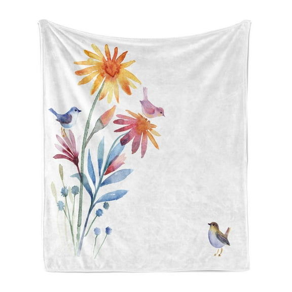 Watercolor Soft Flannel Fleece Throw Blanket, Springtime Flowers with Birds Unusual Color Scheme Brush Effect, Cozy Plush for Indoor and Outdoor Use, 60" x 80", Slate Blue Lavender, by Ambesonne