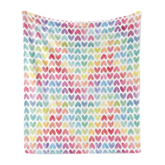 Watercolor Soft Flannel Fleece Throw Blanket, Valentine's Day Theme Colorful Little Hearts Vibrant Paintbrush Effect, Cozy Plush for Indoor and Outdoor Use, 60" x 80", Multicolor, by Ambesonne