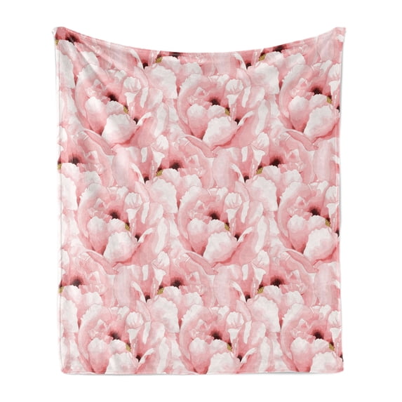 Watercolor Soft Flannel Fleece Throw Blanket, Vintage Hand Drawn Flowers Blossoming Nature Spring Season Inspirations, Cozy Plush for Indoor and Outdoor Use, 70" x 90", Pale Pink, by Ambesonne
